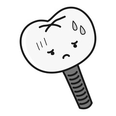 困った顔のインプラント歯のキャラクター（白黒）