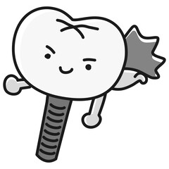 インプラント歯のヒーローキャラクター（白黒）