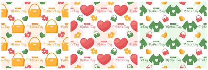 Set of Happy Mother Day Seamless Pattern Design in Element Decoration Template Hand Drawn Cartoon Flat Illustration