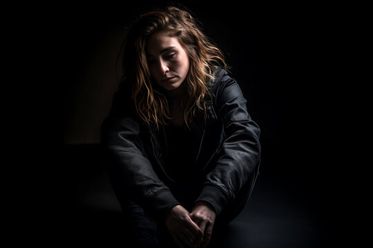 Depressed hopeless woman sitting in dark room  on black background, Sad despair lady portrait, generative ai