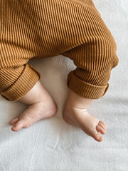 small children's legs in brown pants on a light background. Children's fashion, cute details