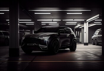 Fototapeta na wymiar Front view of black electric SUV in parking garage. 3D rendering image. Generative AI