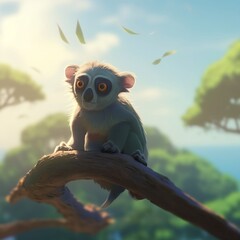 A close-up of a small, furry lemur sitting on a tree branch in Madagascar