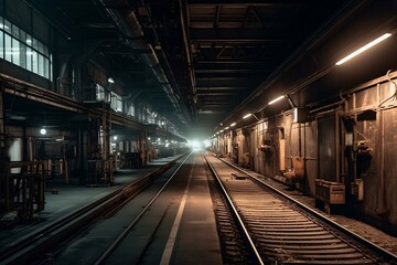 At nighttime, the railway platform is illuminated by soft lighting, soft glow of the lights illuminating the tracks creates a mesmerizing effect, made with generative ai