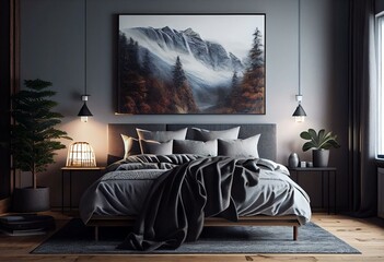 Modern master bedroom interior with soft gray bed, large framed paintings on the wall, hanging lamps and decor, wooden parquet. Frame mockup. Generative AI