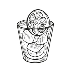 Transparent glass with ice cubes and a slice of lemon, retro or vintage style. Perfect for cocktails or refreshing drinks.