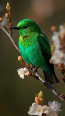 A beautiful image of a green bird perched on a branch, captured in stunning detail. The bird's vivid green feathers stand out against the natural tones of the branch, made with generative ai.
