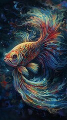 An eye-catching and colorful abstract painting featuring a beautiful beta fish as the central subject. The painting showcases the fish's flowing fins and vibrant colors, made with generative ai.