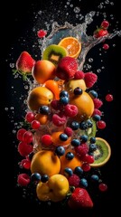 A captivating photograph of various fruits captured in mid-splash against a striking black background, creating a visually stunning and dynamic image. made with generative ai.