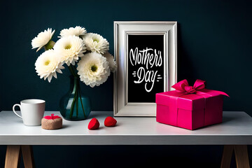 Mother's Day text on a photo frame and some flowers in vase and gift boxes on a table against white wooden wall, Mother's Day concept