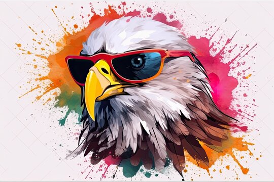 eagle in sunglasses realistic flag background with paint splatter abstract 