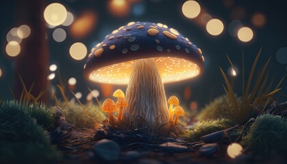 mushroom in the jungle, glowing mushroom in the night background - obrazy, fototapety, plakaty