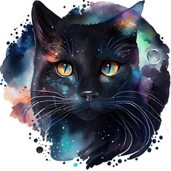Celestial Black Cat Watercolor. Generative AI