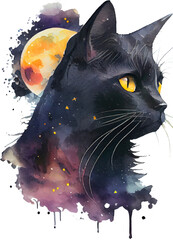 Celestial Black Cat Watercolor. Generative AI