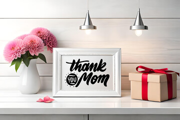 Thank You Mom text on white photo frame and some flowers in vase and gift boxes on a table against white wooden wall, Mother's Day concept