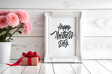 Mother's Day text on white photo frame and some flowers in vase and gift boxes on a table against white wooden wall, Mother's Day concept