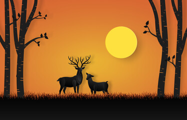 Fototapeta na wymiar Beautiful horned deer in the forest with family surrounded by trees on sunset background. Vector paper art in black dark and orange tone. Quiet, warm, euphoric and happy animal life.