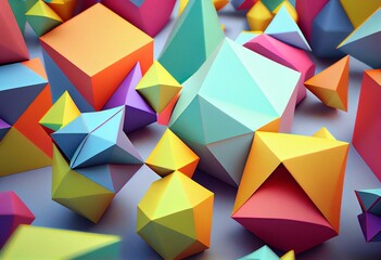 Bright Modern Surface with Tetrahedrons. Multicolored Geometric 3d Texture. Generative AI