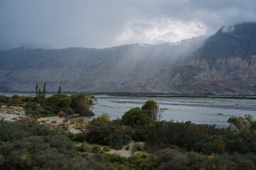 Obraz premium beautiful scenery: mountains and trees in Yarab Tso valley, Leh Ladakh - India
