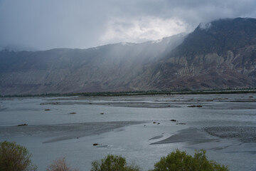 beautiful scenery: mountains and trees in Yarab Tso valley, Leh Ladakh - India