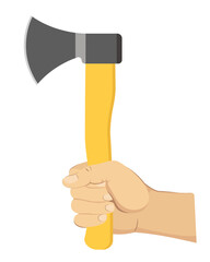 An axe in his hand is held by a man. Flat style.