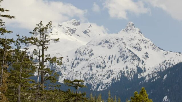 Sky Pilot Mountain covered in Snow. Canadian Landscape Nature Background. Squamish, BC, Canada. Slow Motion