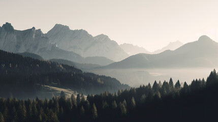 Muted misty forest with mountains computer wallpaper, generative ai