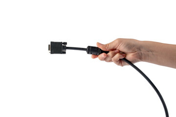 Hand and VGA cable connector isolated on transparent background.
