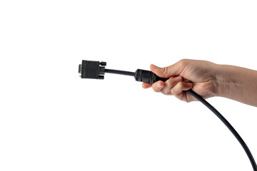 Hand and VGA cable connector isolated on transparent background.