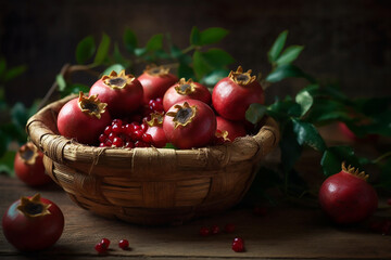 Fototapeta na wymiar Pomegranate on a wooden basket freshly harvested 