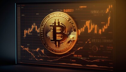 Gold bitcoins with Candle stick graph chart and digital background. Golden coin with icon letter B. Mining or blockchain technology Bitcoins and New Virtual money concept - generative ai