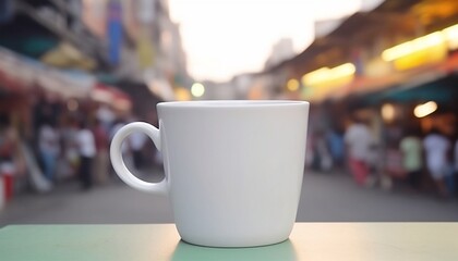 Fototapeta premium Plain White Cup Mockup Indian Market Street Background, Generative AI 