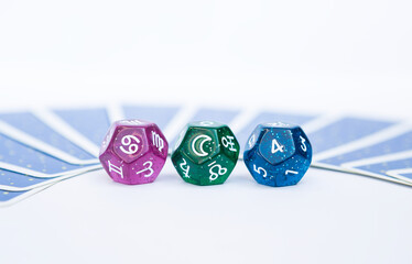 Dice divination with tarot card on background, astrological dices fortune telling divination tools,...