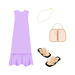 A set of summer women's things, accessories for the street. Lavender dress, sleeveless sundress, classic, square, beige bag, beige sandals, flip flops and white pearl beads, necklace. Vector.
