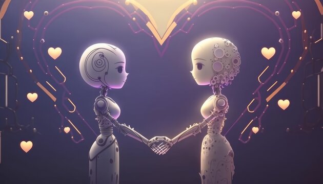 Adorable Little Robots. illustration of two AI avatars holding hands,  message of love and connection - Generative AI