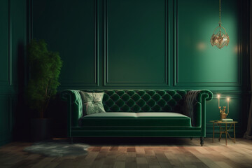 luxury dark green color living room interior furniture, empty wall art poster mockup, Generative AI