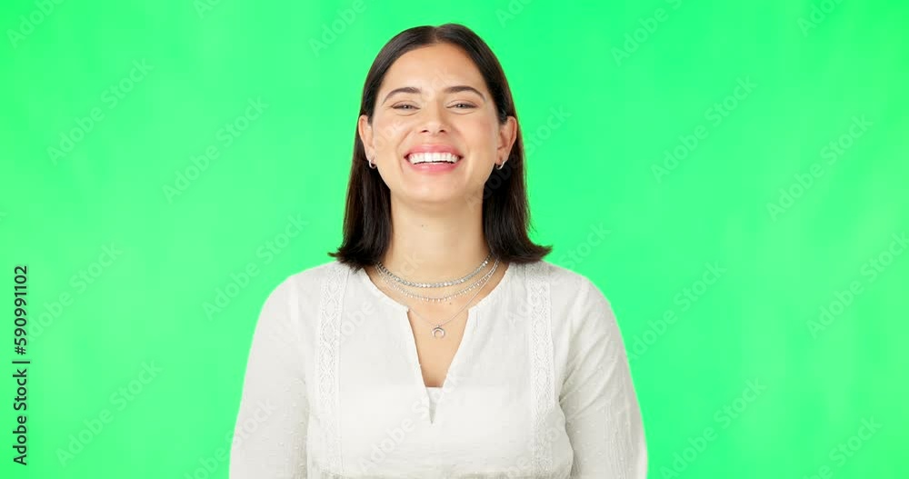 Poster Green screen, laughing woman and face with smile, happiness and confidence on background. Portrait of happy female model in good mood, carefree personality and funny joke in studio, comedy and humour