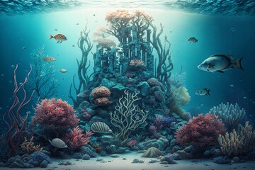Life of the underwater world. Colorful tropical fish. Animals in the coral reef. Ecosystem. Underwater panoramic view