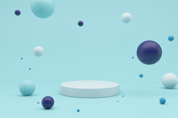 Minimal product podium stage with multicolor cool color balloons in geometric shape for presentation background. Abstract background and decoration scene template. 3D render
