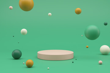 Minimal product podium stage with multicolor green, yellow color balloons in geometric shape for presentation background. Abstract background and decoration scene template. 3D render
