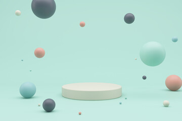 Minimal product podium stage with multicolor cool color balloons in geometric shape for presentation background. Abstract background and decoration scene template. 3D render
