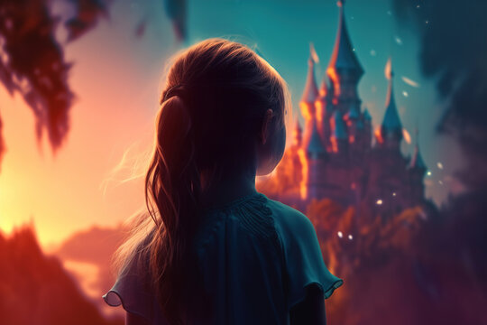Childhood dream, journey, fairy tale concept. Rear view of girl admiring castle in mountains, close-up. Generative AI illustration