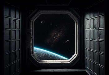 Black background and a window in a space station. Generative AI