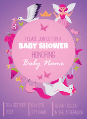Fototapeta na wymiar Poster or vertical banner template about baby shower honoring flat style