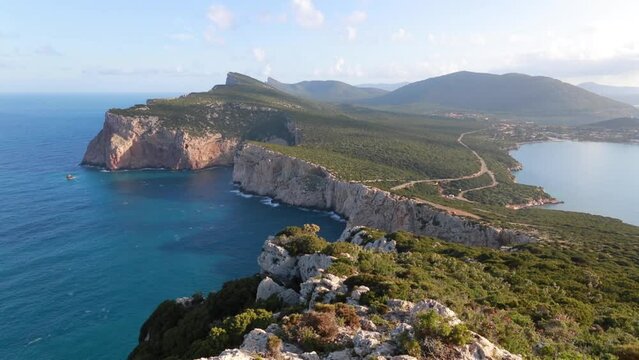 Spectacular summer view of Caccia cape. Adorable morning scene of Sardinia island, Italy. Fantastic  seascape of Mediterranean sea. Full HD video (High Definition)..