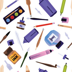 Seamless pattern with calligraphy tools icons flat vector illustration on white.