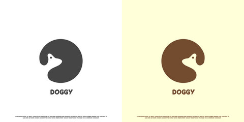 Dog logo design illustration in circle. Cute house pet dog silhouette in negative space. Minimalist simple flat silhouette design suitable for web app pet care icon.
