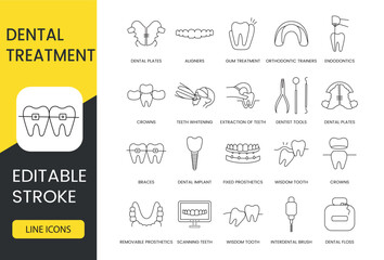 Fototapeta na wymiar Treatment and care of teeth in dentistry, line icon set in vector, illustration of orthodontic trainers and endodontics, crowns and teeth whitening, extraction and dentist tools. Editable stroke.