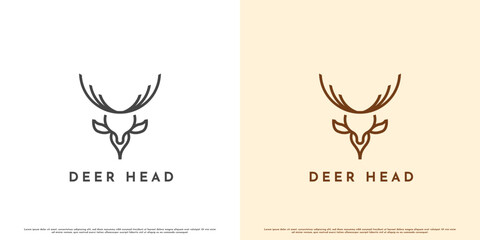Deer head logo design illustration. Geometric monogram line art deer head animal hunting hills mountains mammal. Minimalist elegant deer logo. Ruminant doe deer doe silhouette creative symbol signs.