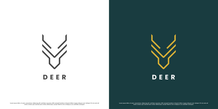 Deer mark logo design. deer hunter gazelle doe antelope horn elk icon symbol. Illustration of silhouette of antlers. animal mountain mascot brand business. Minimalist simple flat deer symbol.